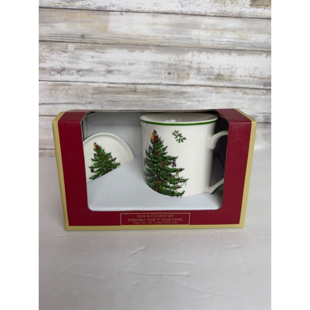 Spode Porcelain Christmas Tree 12oz Coffee Tea Mug & Coaster Gift Set NEW in Box